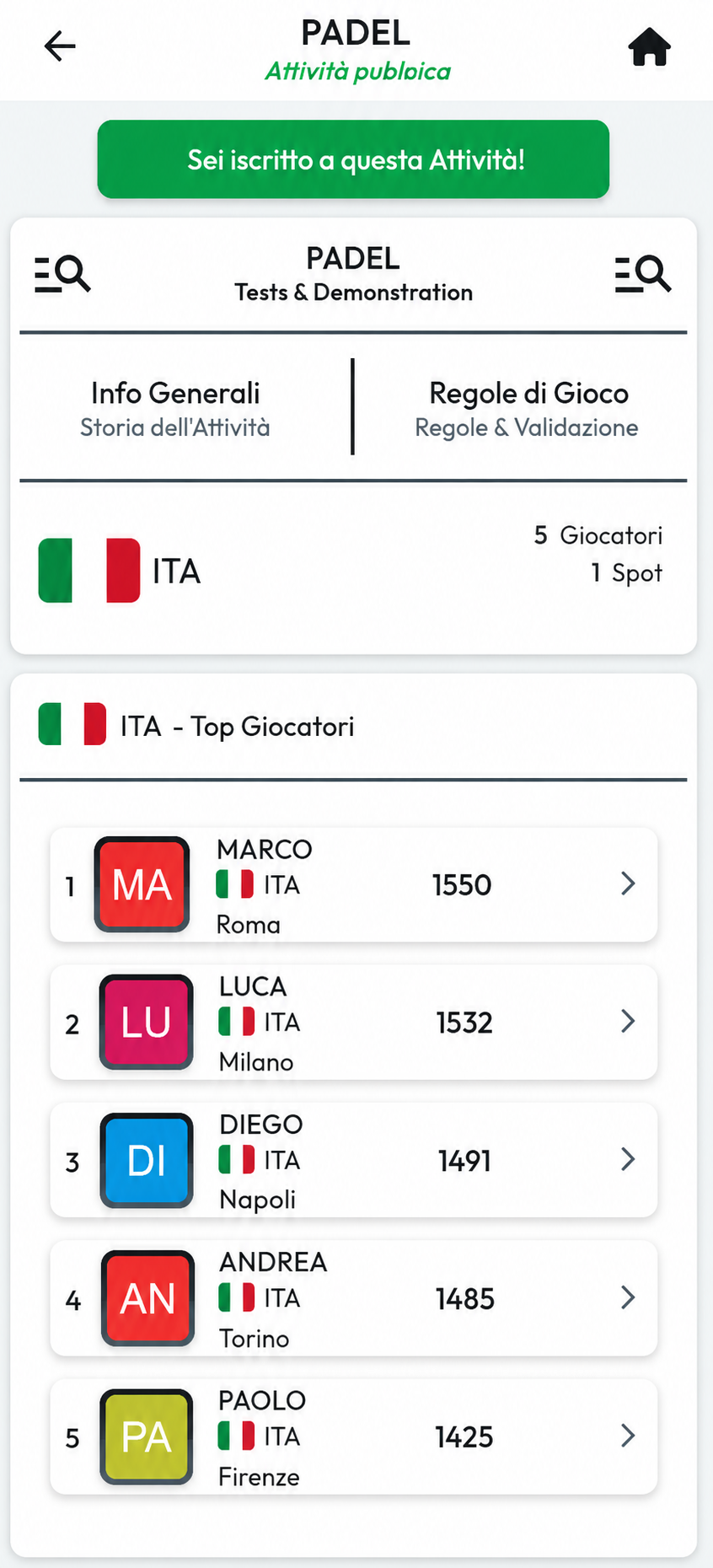 E1 LEAGUE - Attività e classifica