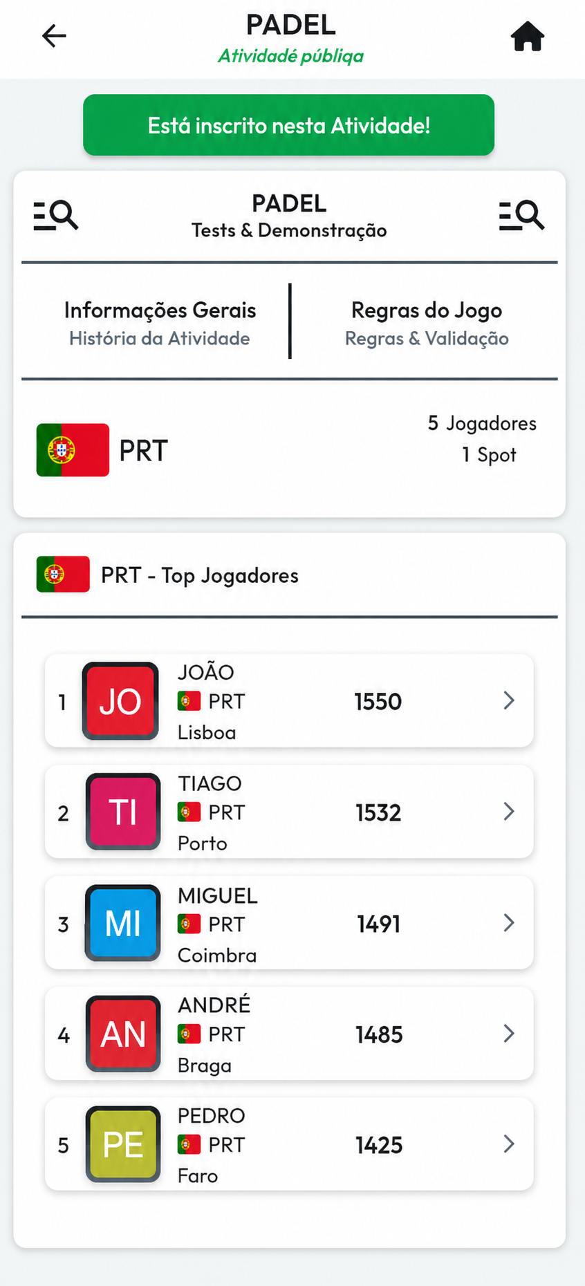 E1 LEAGUE - Atividade e ranking