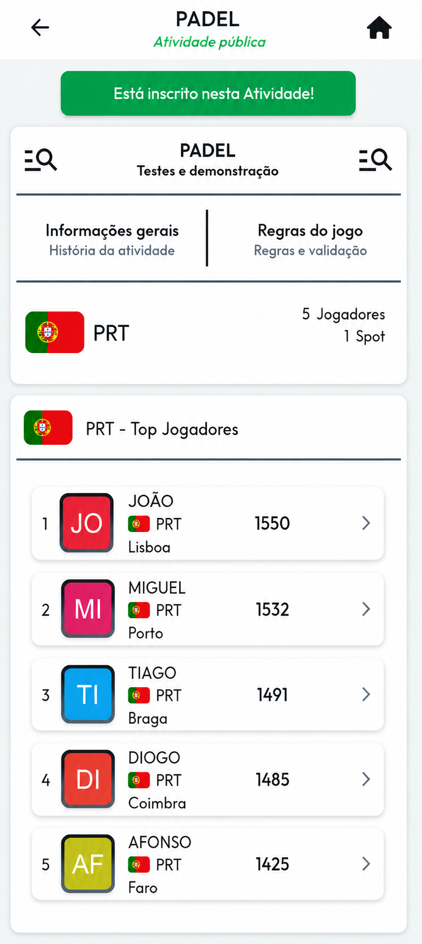 E1 LEAGUE - Jogadores e atividade